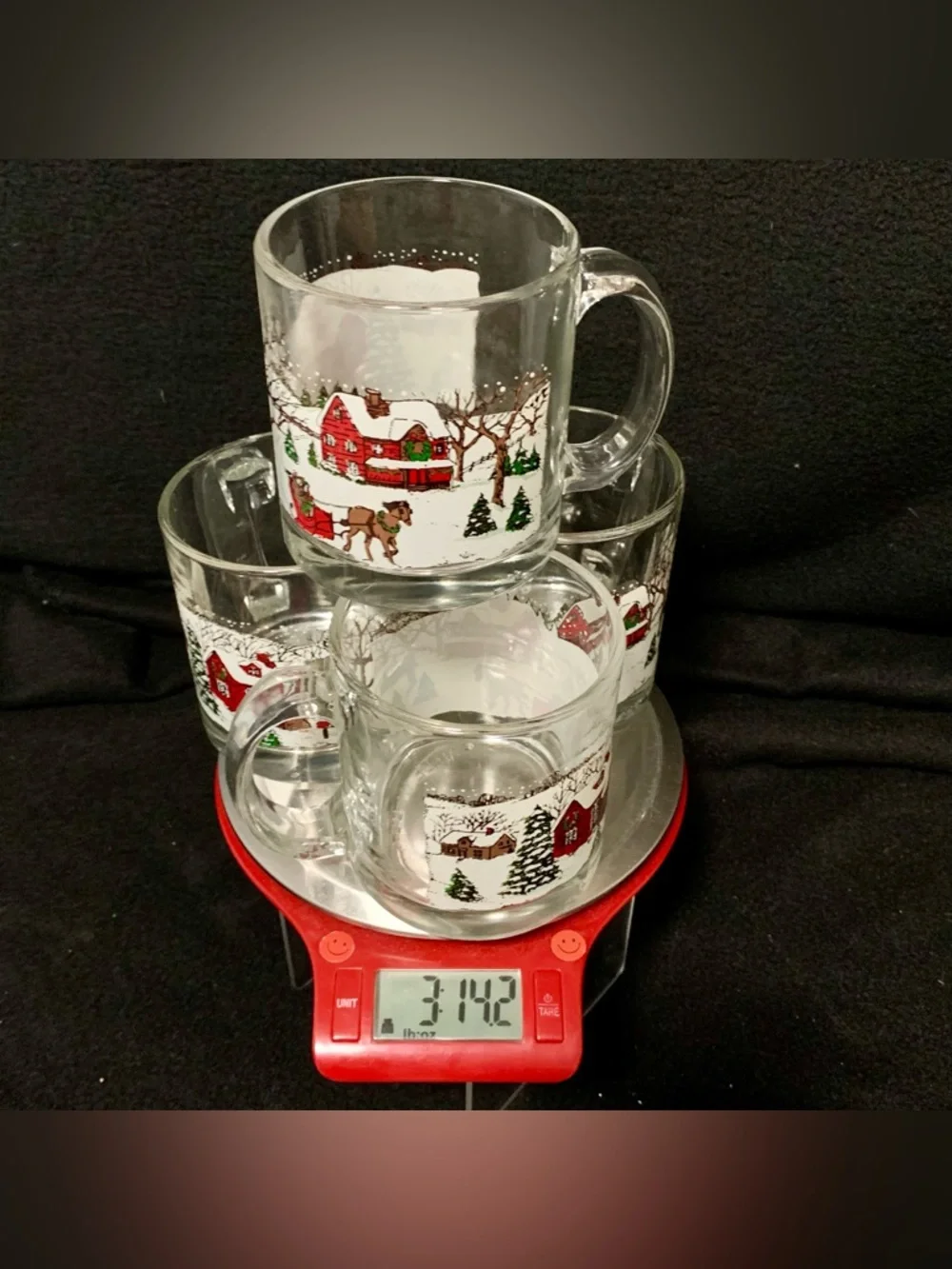 🔍(4) MADE IN USA CHRISTMAS WINTER VILLAGE GLASS MUGS — HORSE & SLEIGH